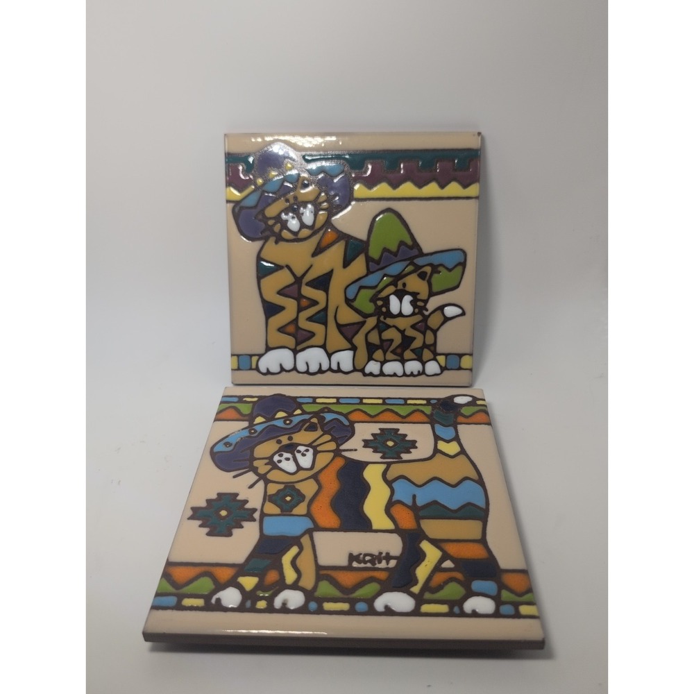Earthtones Art Tiles Set Of Two Cat Southwest Decor Tucson Trivet Kitchen